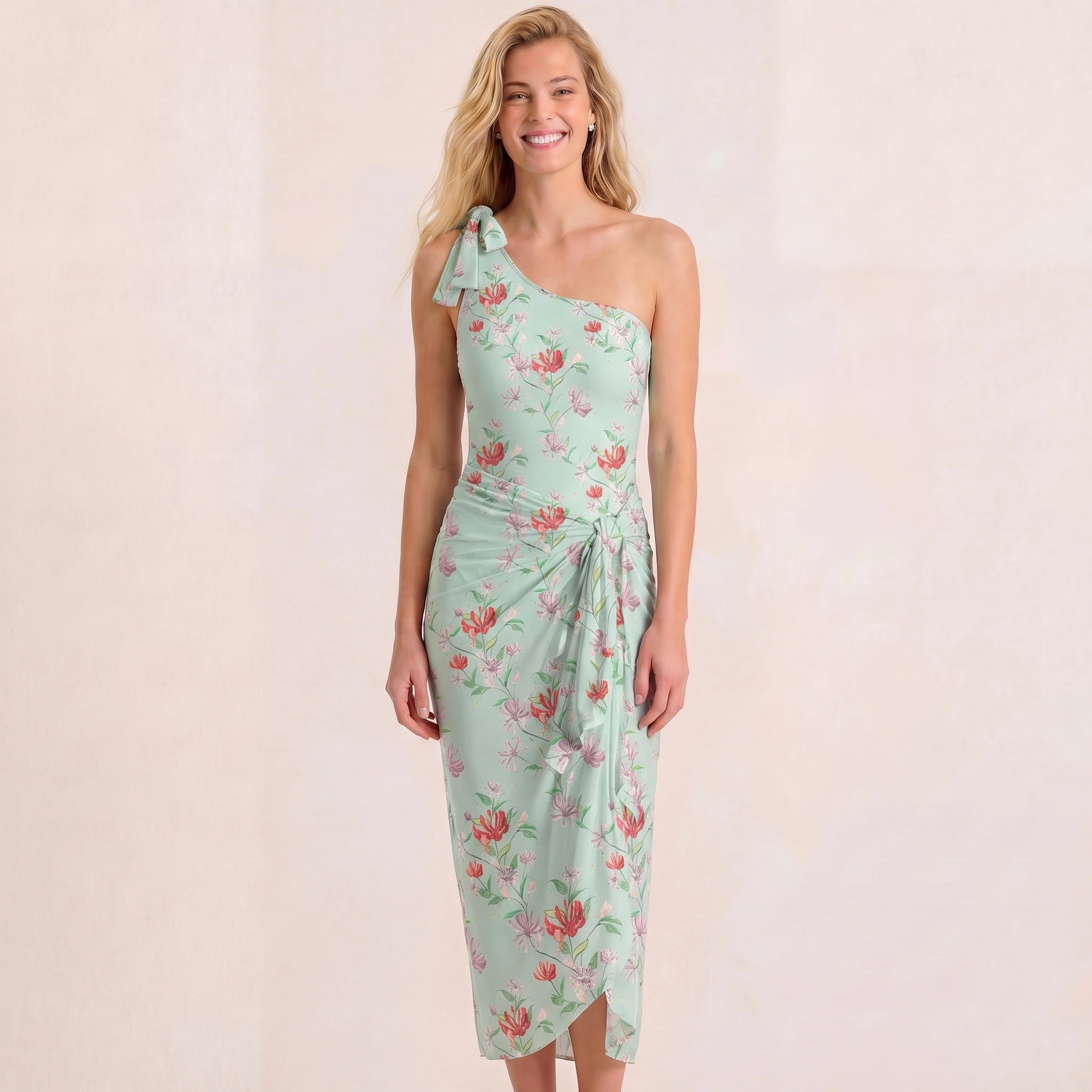 Mint Honeysuckle One Shoulder One Piece Swimsuit and Matching Sarong Set for Women